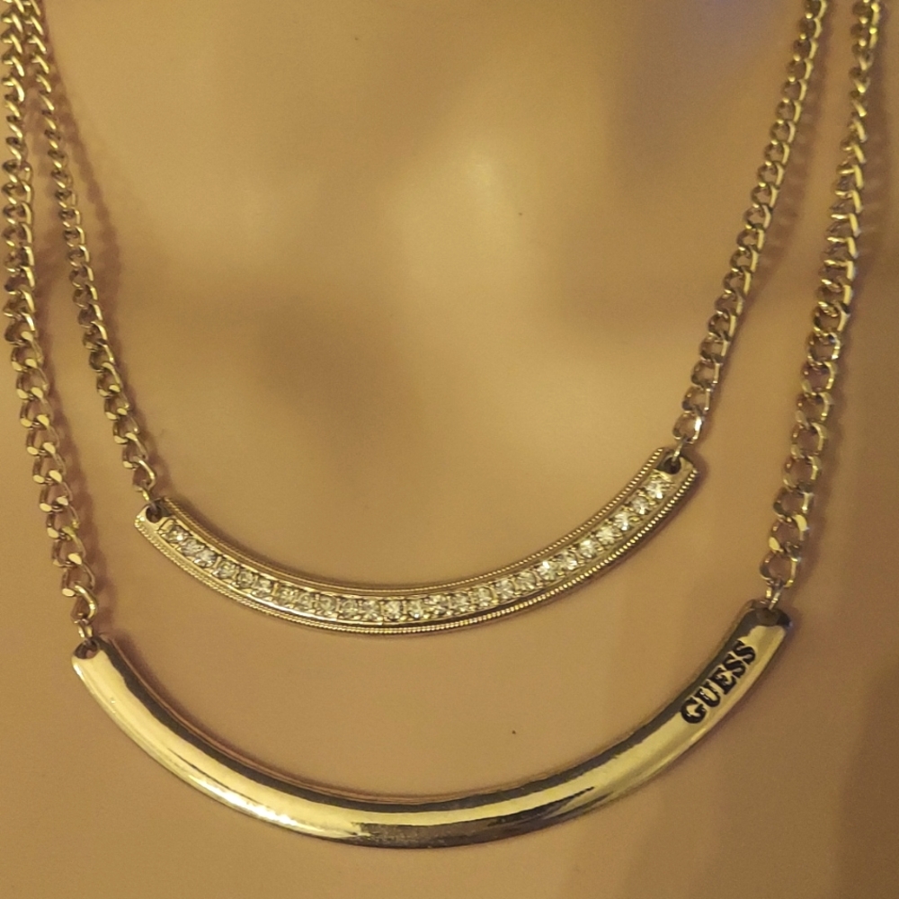 Guess EUC+ Double Layer Gold Toned Necklace w Rhinestone Accents - Picture 1 of 4